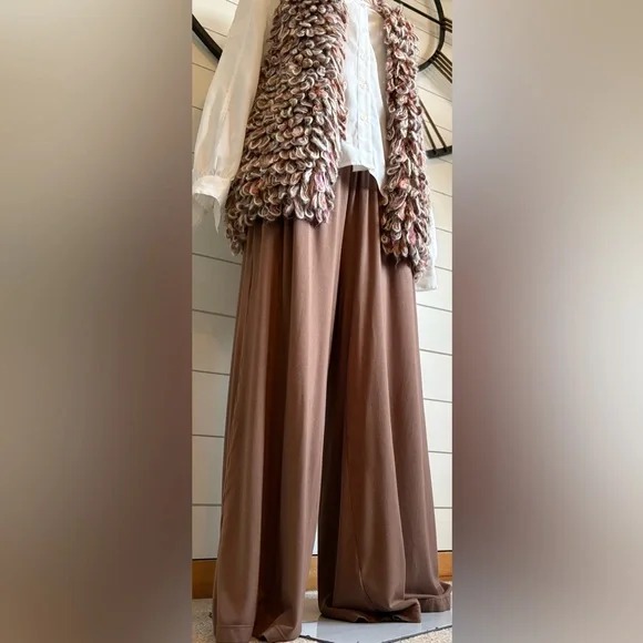 Ododos Tan Wide-Leg Palazzo Lounge Pants with Fold-Over Waistband & Pockets - Picture 7 of 8